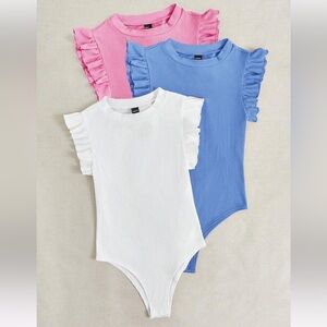 White Pink or Blue Ruffled Bodysuit Top